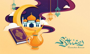 Gizemli mor dumandan doğan hilal ve cami, Ramazan, Kurban Bayramı veya Hari Raya için uygun Papercut tarzı selamlama tasarımı sergiliyor. Kaligrafi çevirisi: Ramazan kareem