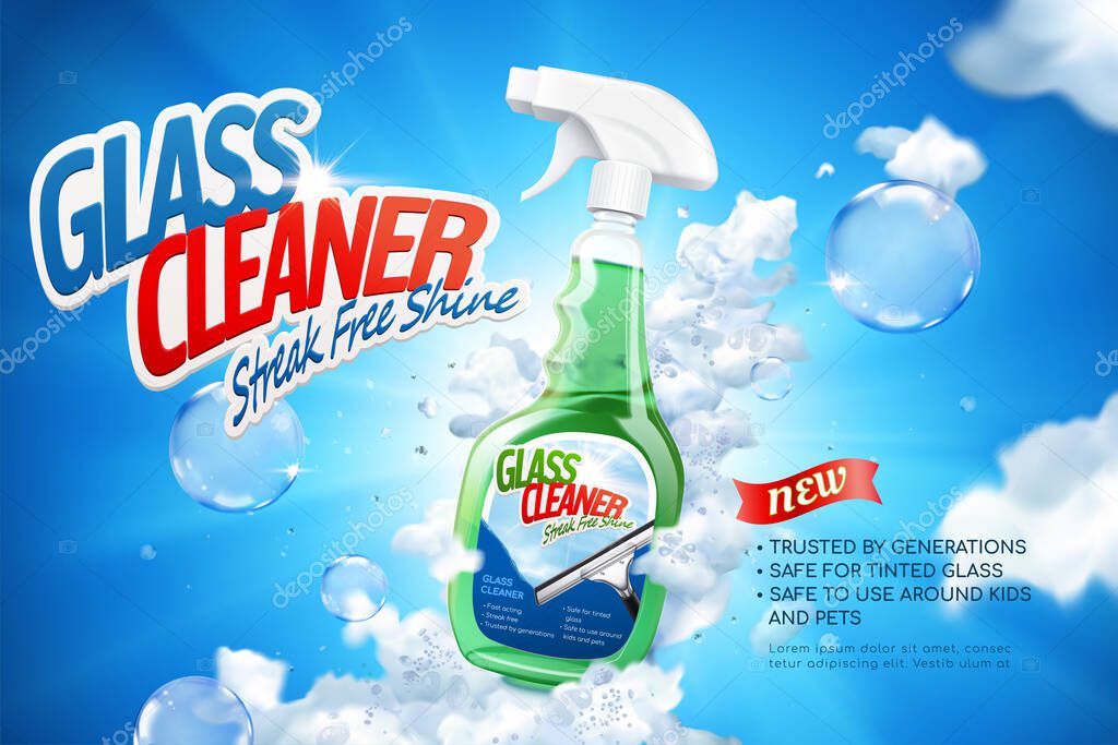 Glass cleaner ad banner in 3D illustration. Spray bottle package in foam and bubble against blue sky background