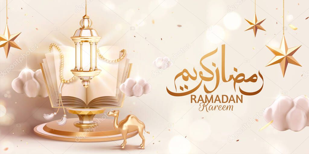 3d holiday greeting banner with glowing arabic lantern and holy book quran over white bokeh background, Arabic calligraphy text Ramadan Kareem for the holy month