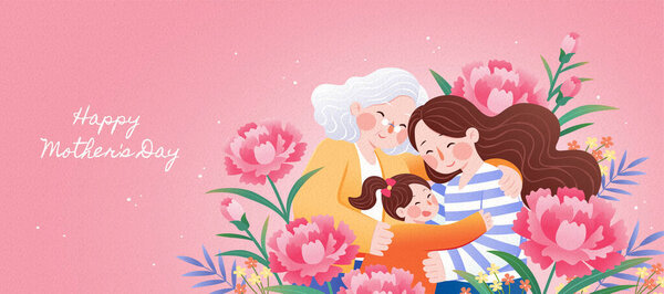 Three generations all together celebrating happy mother's day with arms holding each others and be surrounded by carnation flowers