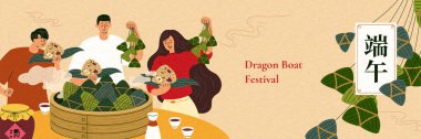 İnsanlar geleneksel pirinç köftelerini bambu buharından alıp Ejderha Teknesi Festivali 'ni kutlamak için gerçek şarap içiyorlar. Duanwu bayramı Çince yazılmış.