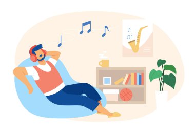 Fasulye çuvalında yatan ve kulaklıkla müzik dinleyen bir adam. Düz stil illüstrasyon adamı müzik dinlemekten hoşlanıyor.