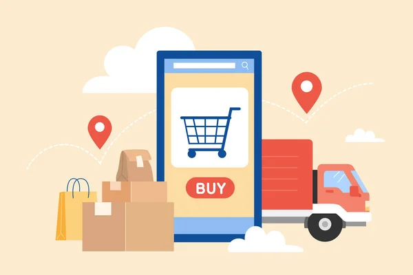 Takip Edilebilir Teslimat Kamyonu Paketleri Olan Akıllı Telefon Online Alışveriş — Stok Vektör