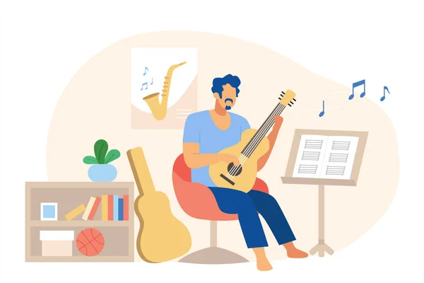 Плоский Стиль Ілюстрація Чоловіка Який Грає Гітарі Використовуючи Музичні Ноти — стоковий вектор