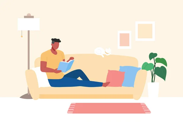 Mann Entspannt Sich Auf Sofa Wohnzimmer Und Liest Buch Flache — Stockvektor