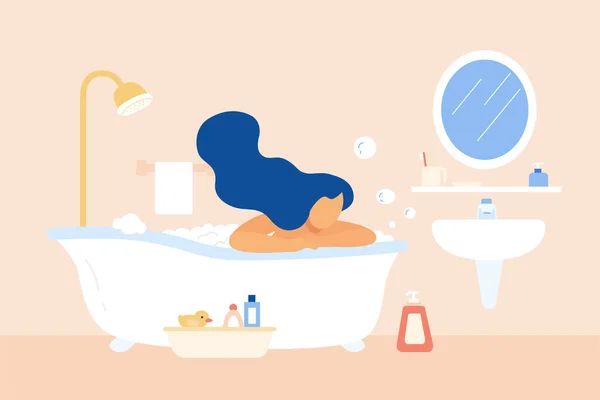 Kobieta Relaksująca Się Wannie Ciesząca Się Kąpielą Bąbelkową Domu Ilustracja — Wektor stockowy