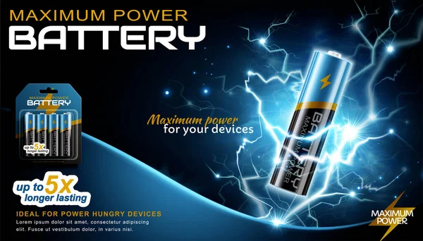 Ion Batteri Omgivet Elektriska Vågor Banner Annons Utformad Blå Svart — Stock vektor