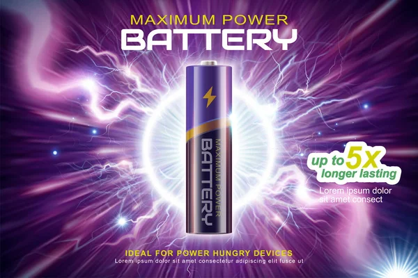 3DリチウムイオンAaバッテリー放電とその電気波 紫色の背景にデザインされたバナー広告 — ストックベクタ
