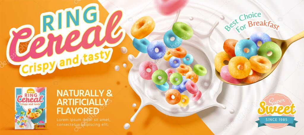 3d illustration of multicolor ring cereal falling in milk from a spoon. Ring cereal banner advertisement