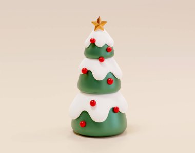 3D dekore edilmiş Noel ağacı. Karla kaplı bir Xmas ağacı resmi, kırmızı mücevherler ve üzerinde altın bir yıldız.