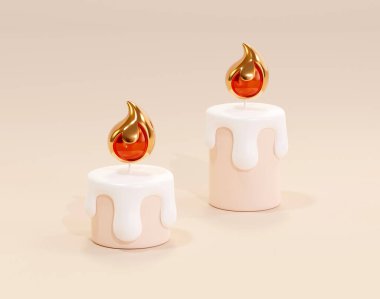 3D eritilmiş mumlar ve alev ışıkları. Noel, ayin ve tören için uygun iki mum resmi