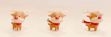 3D şirin Noel geyiği heykelciği. Yılbaşı geyiğinin farklı açılardan kırmızı susturucu taktığı görüntüsü.