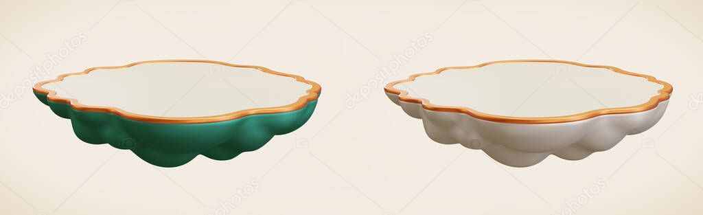 3d cloud shape display podiums set. Illustration of floating stages with golden edge and green bottom, while the other one is white. Suitable for product presentation