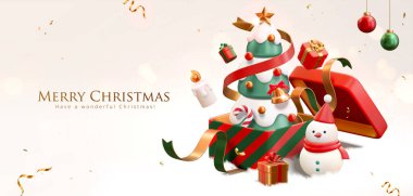 3D Noel afişi. Beyaz arka planda Noel süsleri olan hediye kutusunda bir Noel ağacı.