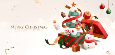 3d Christmas banner. A Christmas tree in gift box with Christmas ornament around the white background clipart