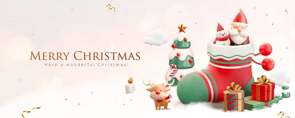 Banner Crăciun Zăpadă Moș Crăciun Ciorapi Ornamente Festive Crăciun Fundal — Vector de stoc