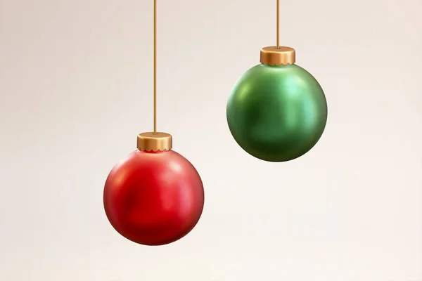 Colgando Adornos Bolas Navidad Ilustración Bolas Rojas Verdes Con Cuerdas — Vector de stock