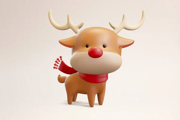 3D可爱的圣诞驯鹿雕像 在空旷的背景上穿着红色消声器的圣诞鹿画 — 图库矢量图片
