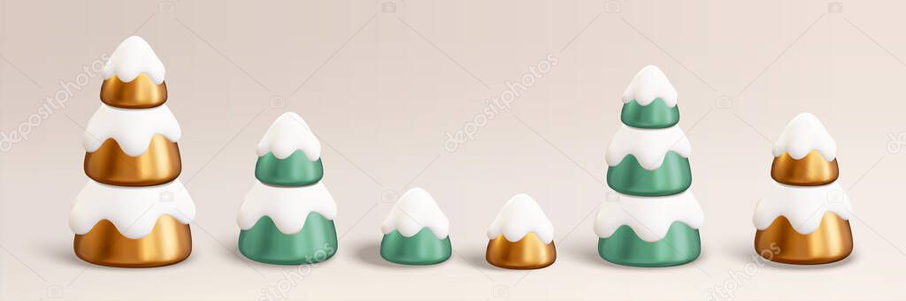 3d Christmas trees collection. Illustration of Xmas pine trees covered with white snow at different heights on an empty background