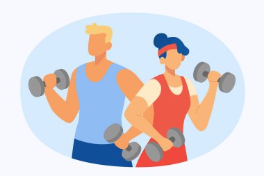 Sportif bir çiftin düz çizimi. Bir erkek ve bir kadın, güç çalışması için iki ellerinin üzerinde dambılları kaldırır.