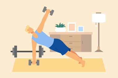 Spor giyim kuşamında evde egzersiz yapan erkek figürünün düz çizimi. Bir adam dambıllarla destek tahtası yapıyor evde egzersiz yapmak için.