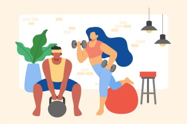Flat illustration of couple working out indoors. A Man and a woman exercising with sports equipment at home clipart