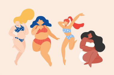 Büyük bedenli kadınların kendilerini sevmelerinin düz bir örneği. İç çamaşırı, sütyen ve kalple bikini giyen bir grup kadın. Vücut pozitifliği kavramı.