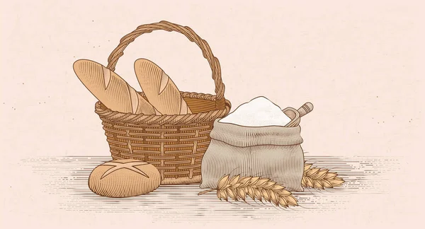 Brot Und Seine Backutensilien Farbigem Kupferstichstil Illustration Von Brotlaiben Weizenstroh — Stockvektor