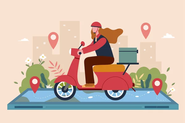 女性スクーター宅配便 バイクで荷物や食べ物を運ぶ少女のフラットスタイルのイラストや携帯電話で市内地図に従ってください 仕事中の女性の概念 — ストックベクタ