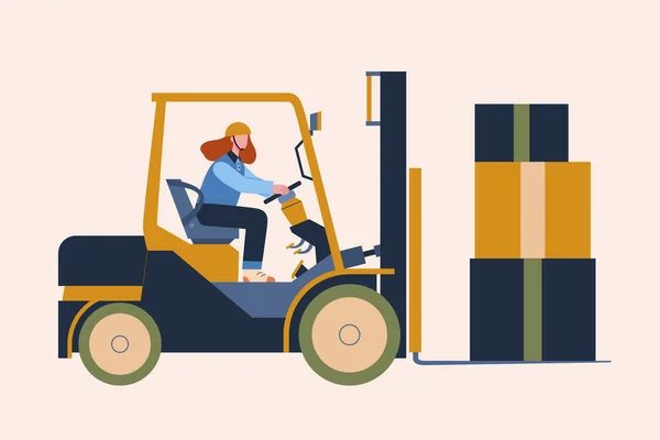 Kvinnlig Truckförare Jobbet Platt Stil Illustration Kvinna Som Driver Gaffeltruck — Stock vektor