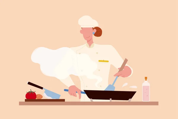 Šéfkuchařka Vaří Jídlo Plochý Styl Ilustrace Ženy Kuchařské Uniformě Klobouk — Stockový vektor