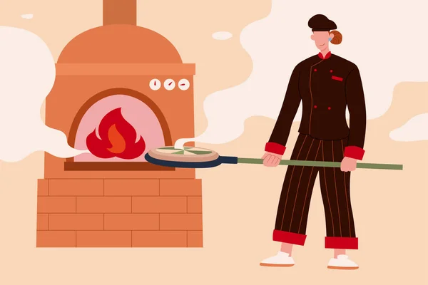 ピザを焼く女性シェフ ピザ屋のピザの皮の上のストーブに生地を送信均一な女性のピザメーカーのフラットイラスト — ストックベクタ