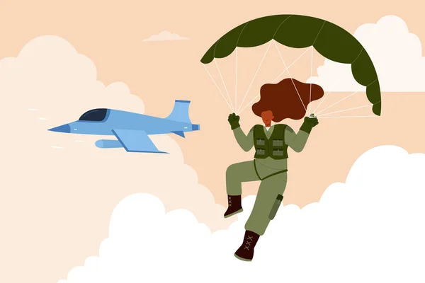 Kadın Paraşütçü Başında Askeri Hizmetleri Sırasında Jetten Paraşütle Atlayan Kamuflaj — Stok Vektör