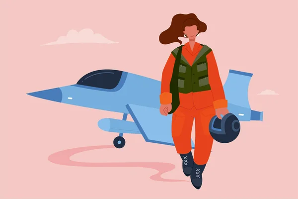 Női Vadászpilóta Munkahelyén Lapos Stílusú Illusztráció Női Vadászpilóta Kisétál Jet — Stock Vector