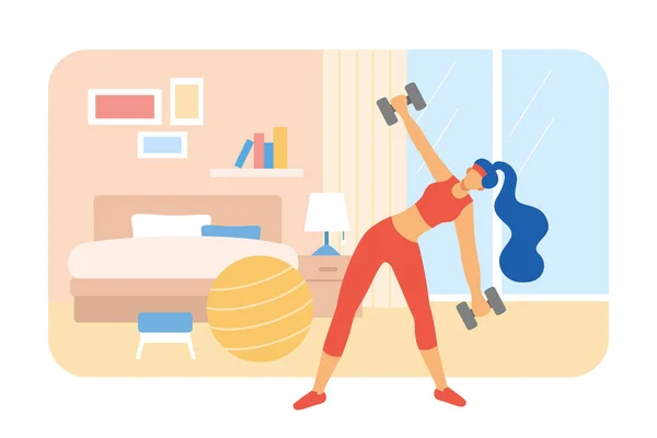 Płaska Ilustracja Treningu Hantli Sypialnych Domu Kobieta Stroju Fitness Ćwiczy — Wektor stockowy