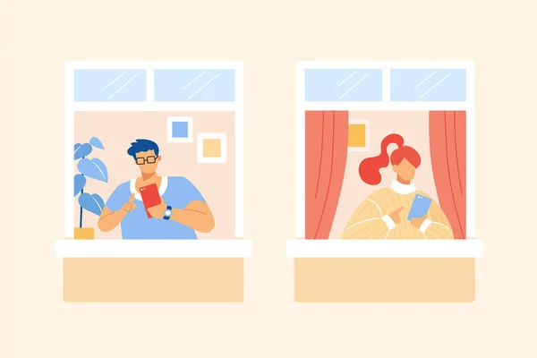 Плоская Иллюстрация Люди Остаются Связи Телефонами Мужчина Женщина Доме Используя — стоковый вектор