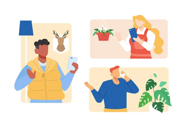 Ilustración Plana Estancia Conectada Usando Teléfonos Inteligentes Hombres Una Mujer — Vector de stock