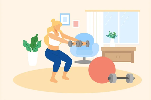 Flache Illustration Einer Frau Sportkleidung Die Hause Trainiert Hantelworkout Wohnzimmer — Stockvektor