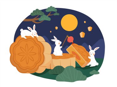 Sonbahar festivalinin ortasında tavşan karakterli kart tasarımı. Yeşim tavşanın ay çöreği tutuşu ve gece vakti nilüfer havuzunda yaprak oturuşu.