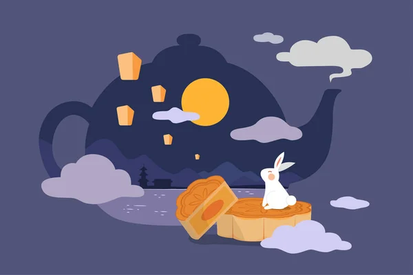 Sonbahar Festivalinin Ortasında Tavşan Karakterli Kart Tasarımı Yeşim Tavşanın Çöreği — Stok Vektör