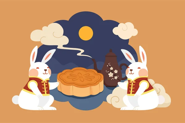 うさぎのキャラクターが描かれた中秋節のカードデザイン 夜になると月餅をつけたヒスイのウサギと蓮の池の上に座る葉の平図 — ストックベクタ