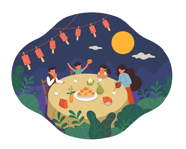 中秋节卡片的设计带有兔子的特征 玉兔夜间在荷塘上抱月饼 坐叶的平面图解 — 图库矢量图片