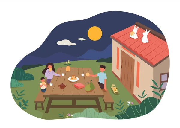 Mid Autumn Festival Card Design Rabbit Character Flat Illustration Jade — Stock Vector