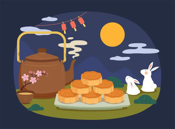 캐릭터와 디자인 초승달 케이크를 연못가에 제이드 토끼의 — 스톡 벡터
