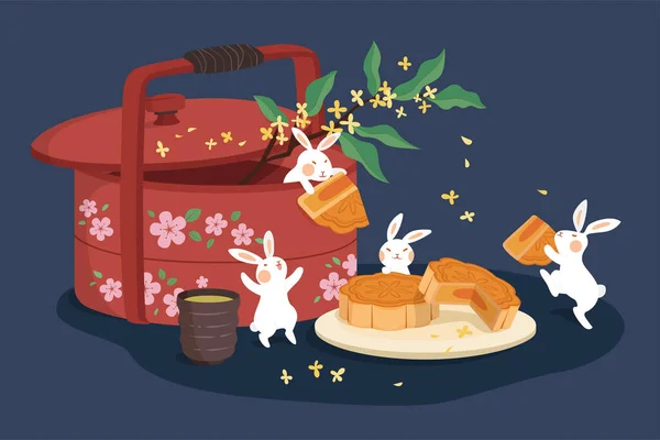 Mitten Herbstfest Flache Illustration Von Jadehasen Die Mondkuchen Mit Heißem — Stockvektor