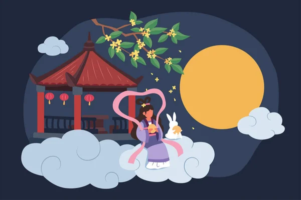 中秋節のデザイン 月を見て月餅をお祝いとして食べる中国館の外に座って妖精チャン エと玉ウサギのフラットイラスト — ストックベクタ