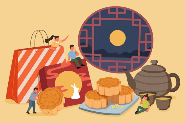 Diseño Del Festival Mediados Otoño Ilustración Plana Familia China Comiendo — Vector de stock