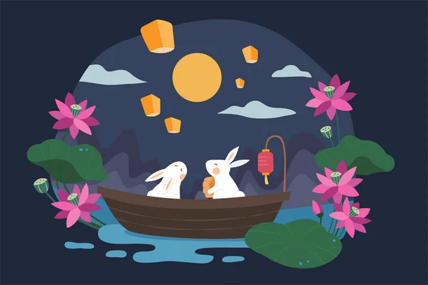 Metà Autunno Festival Design Illustrazione Piatta Conigli Giada Che Mangiano — Vettoriale Stock