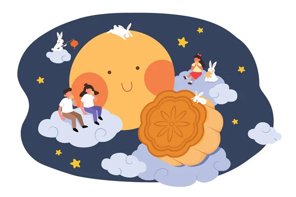 Mid Autumn Festival Design Flat Illustration People Clouds Watching Full — Stock Vector