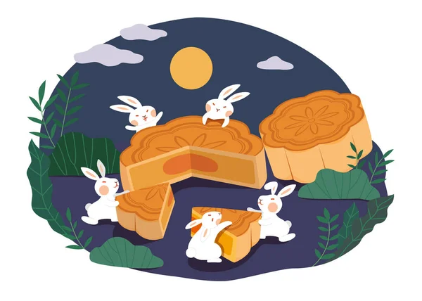 中秋节设计 月圆之夜 一群玉兔共享一块月饼 一种节日甜点 的平面图片 — 图库矢量图片